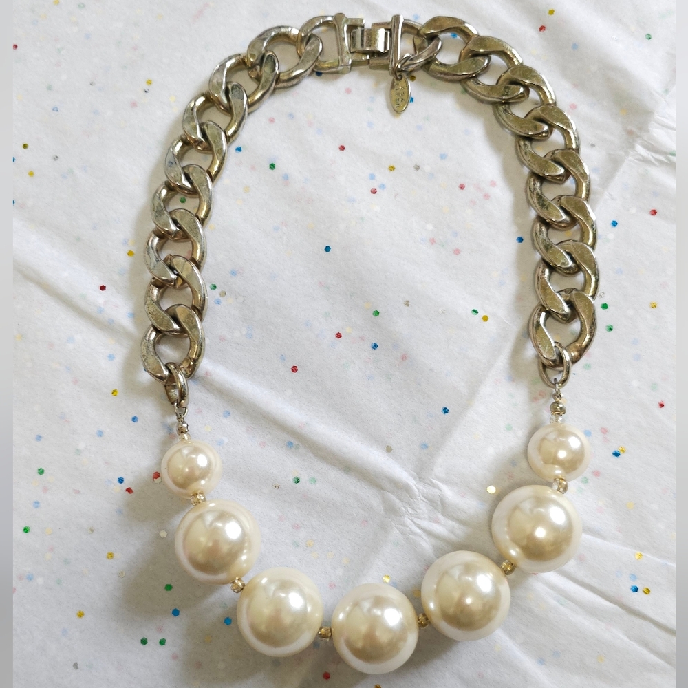 Vintage 424 Fifth Lord & Taylor heavy silver chain and faux pearl necklace.